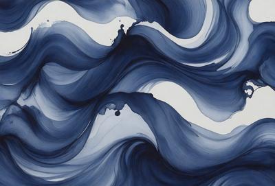 The primary subject of the image is a painting of a blue ocean with waves. The setting is a blue background, and the visual style is a digital art or illustration. The dominant colors are blue and white, creating a serene and calming atmosphere.