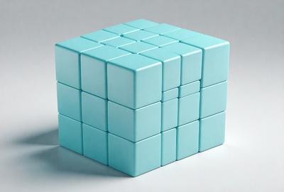 The primary subject of the image is a blue cube, which is a three-dimensional puzzle. The setting is a white background, and the visual style is a photo. The dominant colors are blue and white, creating a calm and soothing atmosphere.