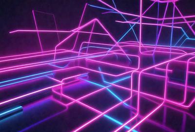 The primary subject of the image is a brightly colored, neon-lit room with a futuristic, geometric design. The setting is a dark room with a purple background, which contrasts with the vibrant colors of the room. The visual style of the image is a combination of digital art and illustration, creating a unique and captivating atmosphere. The dominant colors in the image are purple, pink, and blue, which contribute to the futuristic and surreal mood of the scene.