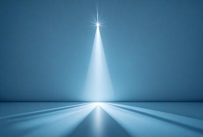 The primary subject of the image is a bright light source, possibly a spotlight, shining on a blue background. The light appears to be coming from the top left corner of the image, creating a strong visual effect. The setting is a plain, empty room with a blue wall, which serves as the backdrop for the light source. The visual style of the image is a combination of digital art and photography, creating a striking and modern appearance. The colors and mood of the image are predominantly blue, with the light source