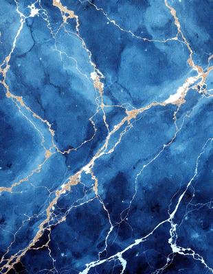 The primary subject of the image is a blue marble wall with a gold and white pattern. The setting is a blue and white marble wall, which creates a visually striking and elegant atmosphere. The visual style is a painting, which adds a sense of depth and artistic expression to the scene. The dominant colors are blue, white, and gold, creating a serene and luxurious mood.