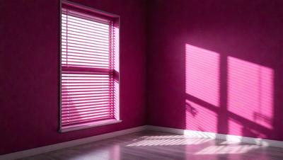 The primary subject of the image is a window with pink blinds. The setting is a room with a pink wall, and the visual style is a photo. The colors and mood of the image are predominantly pink, creating a warm and inviting atmosphere.