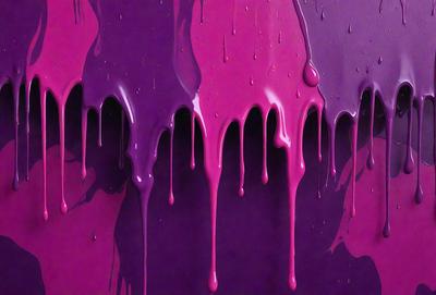 The primary subject of the image is a purple background with dripping paint, creating a visually striking scene. The setting is a wall, and the visual style appears to be a combination of a photo and digital art. The colors and mood of the image are predominantly purple, creating a moody and artistic atmosphere.