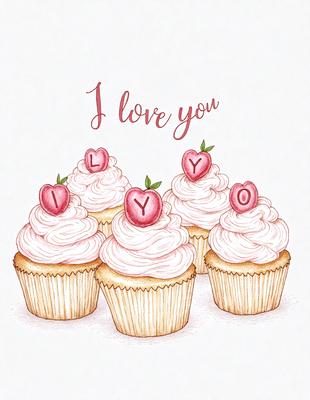 The image features a delightful display of cupcakes with pink frosting and hearts on top. There are four cupcakes in total, arranged in a visually appealing manner. The cupcakes are placed on a dining table, which serves as the background of the scene. The overall atmosphere of the image is cheerful and inviting, with the cupcakes being the main focus of the picture.