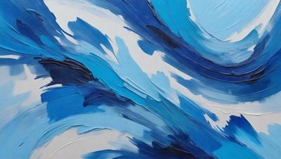 The primary subject of the image is a painting of a blue ocean with white and blue waves. The setting is a canvas, and the visual style is a painting. The dominant colors in the painting are blue and white, creating a serene and calming atmosphere.