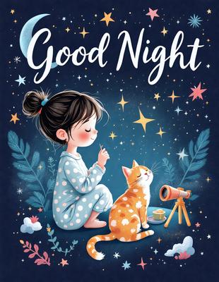 The primary subject of the image is a young girl sitting on the ground next to a cat. The setting is a nighttime scene with a starry sky in the background. The visual style is a digital art illustration, featuring a cute and whimsical depiction of the girl and the cat. The colors and mood of the image are predominantly warm and cozy, with the starry sky adding a sense of wonder and magic to the scene.