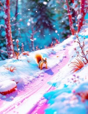 The primary subject of the image is a small, cute squirrel walking on a snow-covered path. The setting is a snowy hillside with trees in the background. The visual style is a digital art or illustration, creating a whimsical and charming atmosphere. The dominant colors are white, pink, and blue, which contribute to the overall mood of the scene.