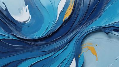 The primary subject of the image is a painting of a wave, featuring a blue and yellow color scheme. The setting is a white wall, which serves as the background for the painting. The visual style of the image is a digital art or illustration, showcasing the artist's skill in creating a realistic and vibrant representation of the ocean wave. The dominant colors in the painting are blue and yellow, which evoke a sense of calmness and energy, respectively.