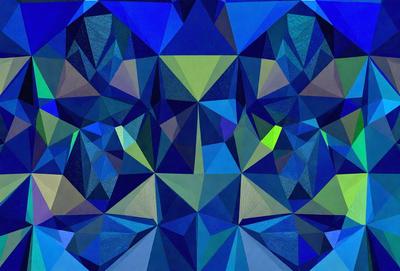 The primary subject of the image is a blue and green geometric pattern. The setting is a blue background, and the visual style appears to be a digital art or illustration. The dominant colors in the image are blue and green, creating a calm and soothing atmosphere.