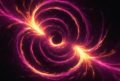 The primary subject of the image is a brightly colored, swirling pattern that resembles a fire or a swirling vortex. The setting is a dark background, which contrasts with the vibrant colors of the swirling pattern. The visual style appears to be a combination of digital art and illustration, creating a dynamic and eye-catching scene. The dominant colors are pink and orange, giving the image a warm and energetic atmosphere.