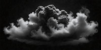 The primary subject of the image is a large, dark cloud with a smoky appearance. The cloud is the main focus of the image, and it is set against a black background. The visual style of the image is a photo, capturing the cloud's dramatic and ominous presence. The colors and mood of the image are dark and moody, with the cloud's smoky appearance adding to the overall atmosphere.