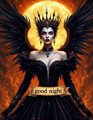 The primary subject of the image is a woman dressed in a black gown, wearing a crown and holding a scepter. She is standing in front of a fiery background, which adds to the dramatic and intense atmosphere of the scene. The visual style of the image is digital art, with the woman being the main focus of the composition. The colors in the image are predominantly dark, with the fiery background providing a contrasting element of warmth and intensity.