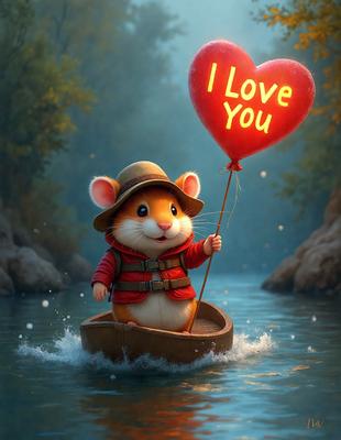The primary subject of the image is a cartoon hamster holding a heart-shaped balloon. The setting is a river, and the visual style is digital art. The colors are predominantly red and white, giving the image a warm and cheerful atmosphere.