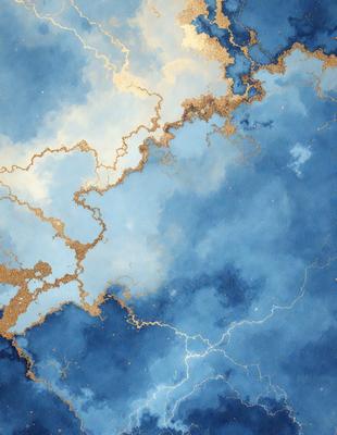 The primary subject of the image is a blue and gold painting of a cloudy sky. The setting is a blue background, and the visual style appears to be a digital art or illustration. The dominant colors in the painting are blue and gold, creating a serene and calming atmosphere.