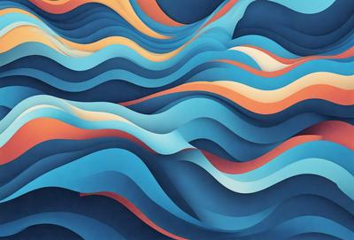 The primary subject of the image is a blue and orange wave pattern, which is a digital art piece. The setting is a blue and orange ocean, and the visual style is a combination of digital art and illustration. The dominant colors in the image are blue and orange, creating a vibrant and lively atmosphere.