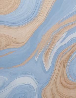 The primary subject of the image is a wooden surface with a blue and white pattern. The setting is a room with a blue and white wall, and the visual style appears to be a combination of a photo and a digital art or illustration. The dominant colors are blue and white, creating a calm and soothing atmosphere.