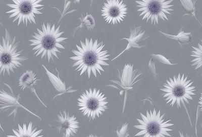The primary subject of the image is a pattern of white flowers, which are the main objects in the scene. The flowers are arranged in a visually appealing manner, creating a sense of harmony and beauty. The setting is a gray background, which provides a neutral and elegant backdrop for the flowers. The visual style of the image is a combination of photo and digital art, as it captures the natural beauty of the flowers while also showcasing the artist's creativity and skill in designing the pattern. The colors and m