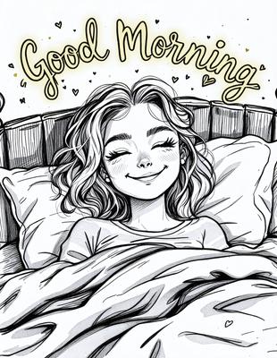 The primary subject of the image is a woman lying in bed, smiling and looking happy. The setting is a bedroom, with the woman lying on a bed. The visual style is a hand-drawn illustration, giving the image a warm and cozy atmosphere. The colors are predominantly shades of pink and white, which contribute to the overall mood of the image.