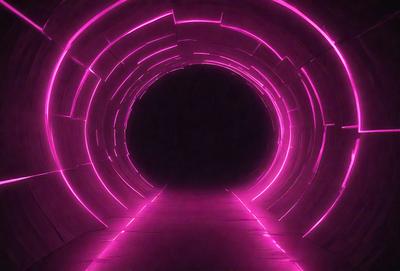 The primary subject of the image is a tunnel with a pink light illuminating it. The setting is a dark room, and the visual style appears to be a digital art or illustration. The dominant colors in the image are pink and purple, creating a warm and inviting atmosphere.