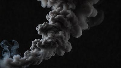 The primary subject of the image is a large, dark, and smoky cloud. The setting is a black background, which emphasizes the cloud's shape and form. The visual style is a black and white photo, giving the image a dramatic and moody atmosphere. The colors and mood of the image are predominantly dark and ominous, with the cloud serving as the focal point and the background providing a sense of depth and contrast.