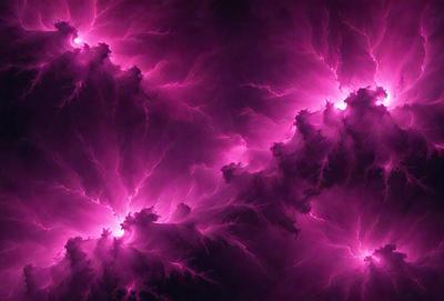 The primary subject of the image is a purple background with a pink lightning effect. The setting is a dark, cloudy sky, and the visual style is a digital art or illustration. The dominant colors are purple and pink, creating a moody and dramatic atmosphere.