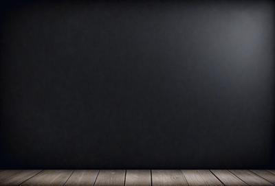 The primary subject of the image is a black wall with a wooden floor. The setting is a room with a black background, and the visual style is a photo. The colors and mood of the image are dark and moody, with the black wall and wooden floor creating a sense of depth and contrast.