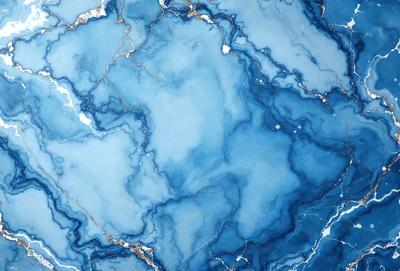 The primary subject of the image is a blue marble-like surface with a pattern of swirls and lines. The setting is a blue-toned environment, possibly a pool or a blue-painted wall. The visual style appears to be a combination of a photo and a digital art or illustration, as the swirls and lines are intricately detailed. The colors and mood of the image are predominantly blue, creating a serene and calming atmosphere.