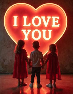 The primary subject of the image is a heart-shaped neon sign that reads "I love you." The setting is a room with a brick wall, and the visual style is a combination of digital art and illustration. The colors are predominantly red and pink, creating a warm and affectionate atmosphere. The three children are standing in front of the heart sign, holding hands and posing for the picture.