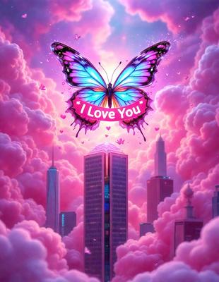 The primary subject of the image is a large butterfly, which is flying in front of a tall building. The setting is a pink sky, which adds a vibrant and whimsical atmosphere to the scene. The visual style is a combination of digital art and illustration, creating a unique and eye-catching image. The dominant colors are pink and purple, which evoke feelings of love and warmth.