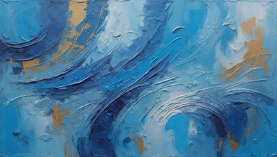 The primary subject of the image is a painting of a wave, featuring a blue and white color scheme. The setting is a canvas, and the visual style is a painting. The dominant colors and overall atmosphere are calming and serene, as the wave is depicted in a gentle, flowing manner.