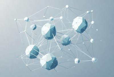 The primary subject of the image is a series of geometric shapes, including triangles and spheres, that are interconnected and floating in a blue space. The setting appears to be a white background, which contrasts with the blue shapes. The visual style of the image is a combination of digital art and illustration, creating a unique and intricate pattern. The dominant colors in the image are blue and white, giving it a calm and serene atmosphere.