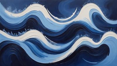 The primary subject of the image is a painting of a wave. The setting is a blue ocean, and the visual style appears to be a digital art or illustration. The dominant colors in the painting are blue and white, creating a serene and calming atmosphere.