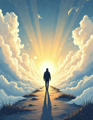 The primary subject of the image is a person walking on a path in a field. The setting is a beautiful, cloudy sky, with the sun shining through the clouds. The visual style is a digital art or illustration, creating a sense of depth and atmosphere. The colors are predominantly warm and natural, with the sunlight creating a bright and inviting mood.