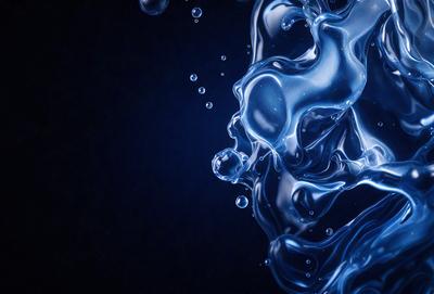 The primary subject of the image is a close-up of a blue liquid, possibly water or a blue substance, with a dark background. The visual style appears to be a digital art or illustration, as the blue liquid is depicted in a detailed and artistic manner. The colors and mood of the image are predominantly blue, creating a calm and serene atmosphere.