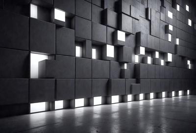 The primary subject of the image is a large, modern-looking building with a unique design. The building features a large wall made of concrete blocks, which are illuminated by bright lights. The setting is an indoor space, possibly a lobby or a room within the building. The visual style of the image is a combination of photo and digital art, creating a striking and modern appearance. The colors and mood of the image are predominantly dark and moody, with the bright lights providing a contrasting element.