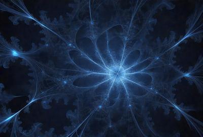 The primary subject of the image is a blue and white flower with a blue background. The visual style appears to be a digital art or illustration, as the flower is depicted in a detailed and intricate manner. The colors and mood of the image are predominantly blue, creating a calm and serene atmosphere.