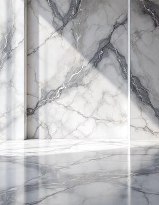 The primary subject of the image is a marble wall with a white marble texture. The setting is a room with a white marble floor, and the visual style is a photo. The colors and mood of the image are predominantly white, giving it a clean and elegant appearance.
