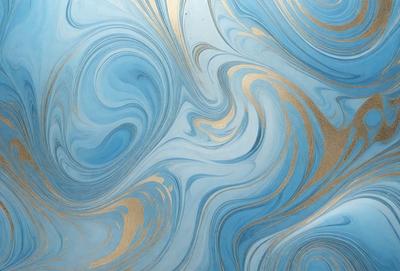 The primary subject of the image is a blue and gold swirling pattern, which appears to be a painting or a digital artwork. The setting is a blue background, and the visual style is a combination of photo and digital art. The dominant colors are blue and gold, creating a vibrant and lively atmosphere.