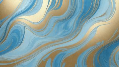 The primary subject of the image is a blue and gold swirling pattern, which appears to be a painting or a digital artwork. The setting is a wall, and the visual style is a combination of painting and digital art. The dominant colors are blue and gold, creating a sense of depth and richness in the artwork.