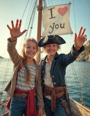 The primary subject of the image is a young boy and a young girl standing on a boat, both wearing pirate costumes. They are smiling and enjoying their time together. The setting is a boat on the water, with the children standing close to each other. The visual style is a photo, capturing the children's joy and the unique moment they are experiencing. The colors and mood of the image are bright and cheerful, reflecting the fun and excitement of their adventure on the boat.