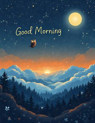 Primary subject: Owl flying in the sky
Setting/background: A beautiful sunset with clouds and a moon in the background
Visual style: Digital art
Colors and mood: The scene is warm and serene, with the sunset creating a peaceful atmosphere.