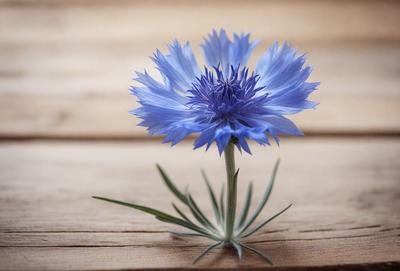 The primary subject of the image is a single blue flower, which is the main focus of the scene. The setting is a wooden surface, possibly a table or a wall, with a natural background. The visual style of the image is a close-up of the flower, showcasing its details and colors. The dominant colors in the image are blue and green, creating a calm and serene atmosphere.