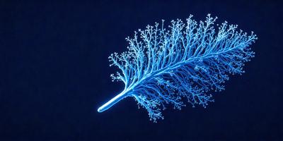 The primary subject of the image is a blue leaf with a branching pattern. The leaf is the main object, and it is set against a dark blue background. The visual style of the image is a combination of photo and digital art, creating a unique and artistic representation of the leaf. The colors and mood of the image are predominantly dark and moody, with the blue leaf standing out against the black background.