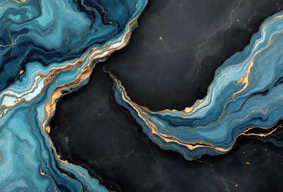 The primary subject of the image is a blue and gold marbled stone. The setting is a black background, which contrasts with the vibrant colors of the marbled stone. The visual style is a close-up of the marbled stone, showcasing its intricate patterns and textures. The colors and mood of the image are predominantly blue and gold, creating a sense of luxury and elegance.