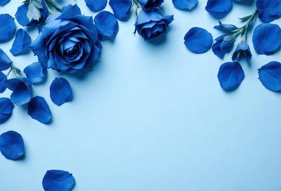 The primary subject of the image is a bouquet of blue flowers. The flowers are scattered across a blue background, creating a visually appealing scene. The visual style of the image is a photo, capturing the beauty of the flowers in their natural environment. The dominant colors in the image are blue and white, giving the scene a calm and serene atmosphere.