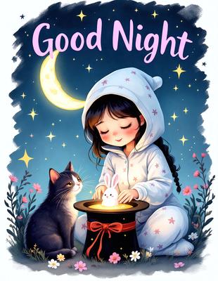 The primary subject of the image is a little girl sitting in a black hat, which is a witch's hat. She is holding a bunny rabbit in her lap. The setting is a nighttime scene with a moon visible in the background. The visual style is a digital art illustration, and the colors are predominantly black and white, giving the image a classic and timeless feel.