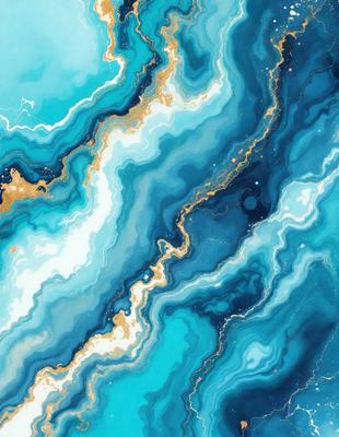 The primary subject of the image is a blue and gold painting of a waterfall. The setting is a blue and white ocean, with the waterfall cascading down the side of the painting. The visual style is a digital art, illustration, or drawing, with the artist using a combination of blue and gold colors to create a serene and calming atmosphere.