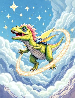 The primary subject of the image is a cartoon dinosaur, specifically a green and red-haired T-Rex, flying through the air. The setting is a cloudy sky, and the visual style is a digital art or illustration. The colors and mood of the image are vibrant and lively, with the T-Rex being the main focus of the scene.