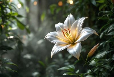 The primary subject of the image is a white lily flower, which is the main focus of the scene. The flower is situated in a forest setting, surrounded by green leaves and a misty atmosphere. The visual style of the image is a photo, capturing the beauty of the lily in its natural environment. The dominant colors in the image are white and green, creating a serene and peaceful mood.