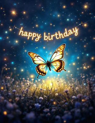 The primary subject of the image is a yellow butterfly, which is the main focus of the scene. The butterfly is flying in a field of flowers, creating a beautiful and serene atmosphere. The setting is a field with a blue sky in the background, and the visual style is a combination of photo and digital art. The colors and mood of the image are bright, cheerful, and uplifting, with the yellow butterfly and the flowers creating a sense of happiness and celebration.